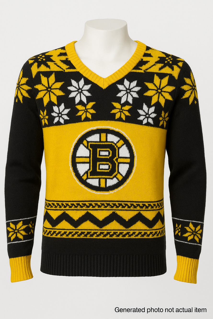 Boston Bruins NHL Christmas Sweater Fair Isle Knit Black Yellow Snowflakes Small
